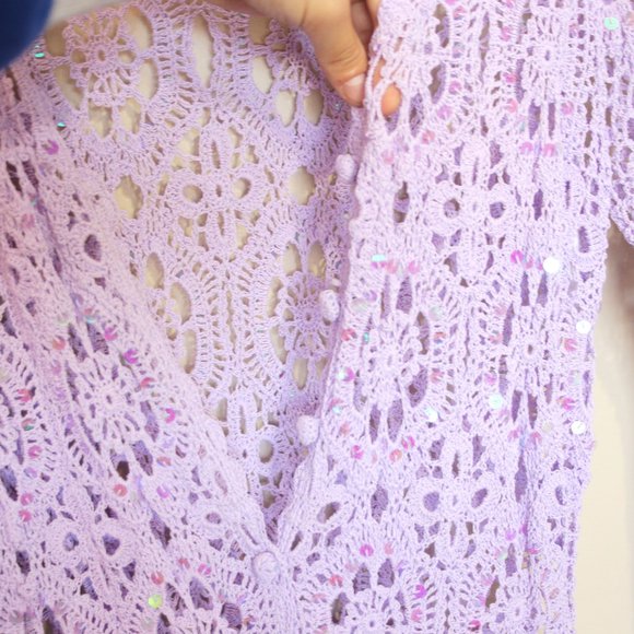 lilac iridescent sequin knit button up cardigan - Picture 7 of 9